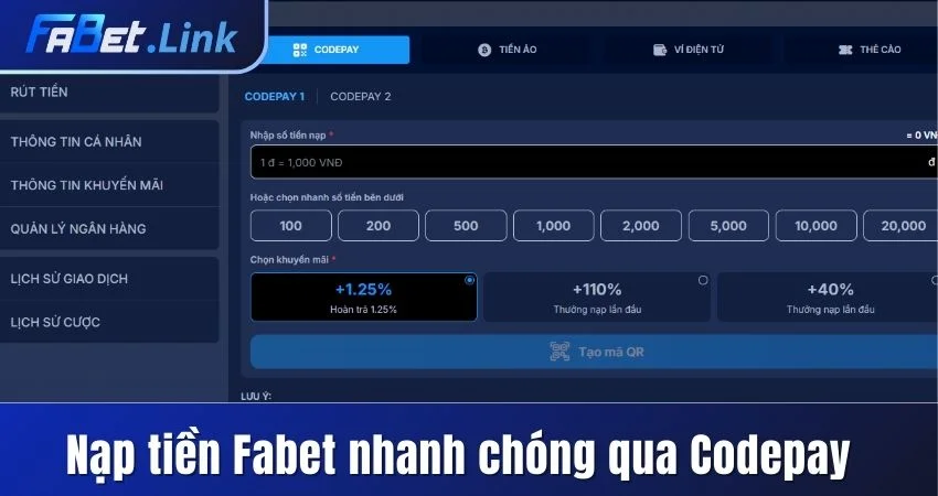 TỔNG HỢP 4 PHƯƠNG THỨC NẠP TIỀN FABET PHỔ BIẾN, TIỆN LỢI 4 NẠP TIỀN FABET NHANH CHÓNG QUA CODEPAY